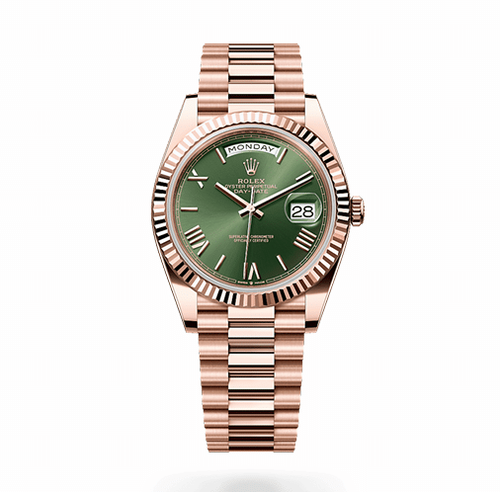 ROLEX DAY-DATE EVEROSE GOLD OLIVE GREEN ROMAN NUMERAL DIAL FLUTED BEZEL