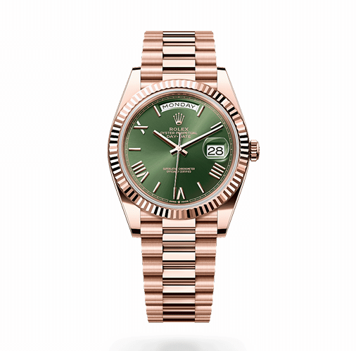 ROLEX DAY-DATE EVEROSE GOLD OLIVE GREEN ROMAN NUMERAL DIAL FLUTED BEZEL