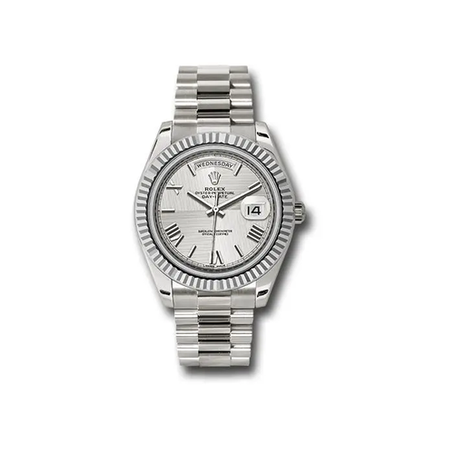 ROLEX DAY-DATE WHITE GOLD SILVER ROMAN NUMERAL DIAL FLUTED BEZEL