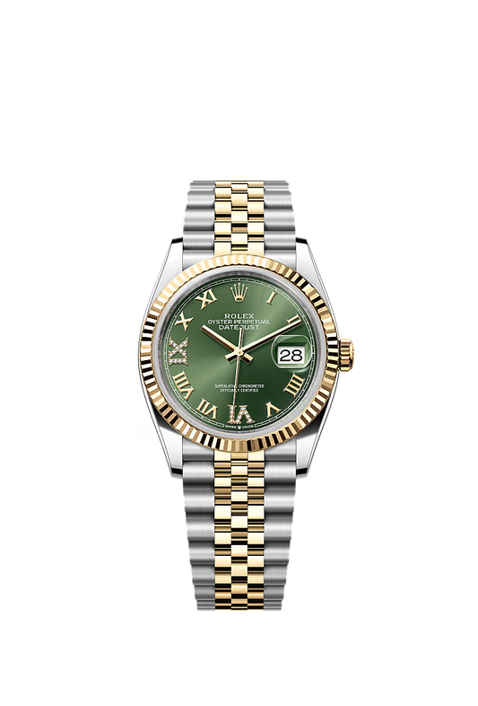 ROLEX DAY-DATE TWO-TONE GREEN ROMAN NUMERAL DIAL FLUTED BEZEL