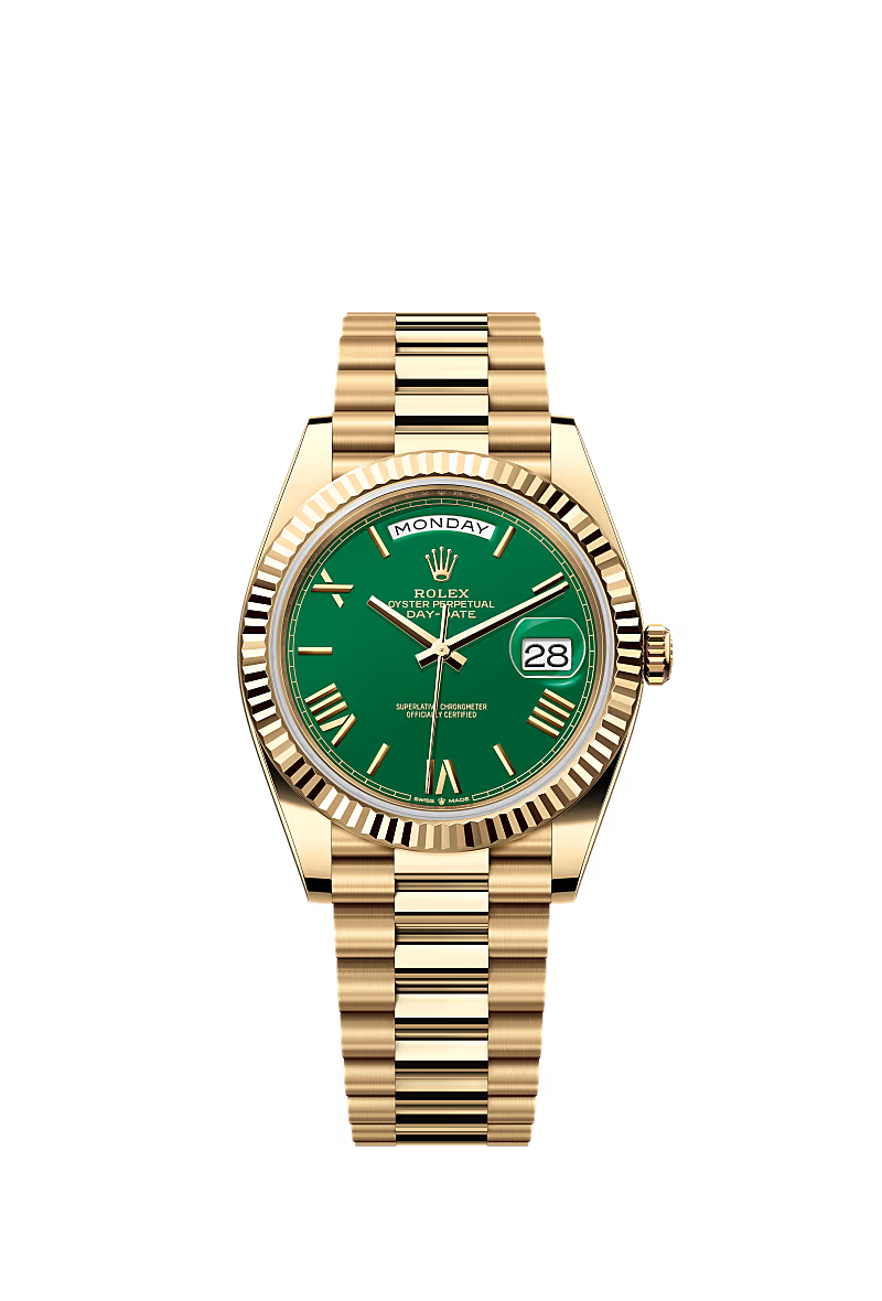 ROLEX DAY-DATE YELLOW GOLD GREEN ROMAN NUMERAL DIAL FLUTED BEZEL