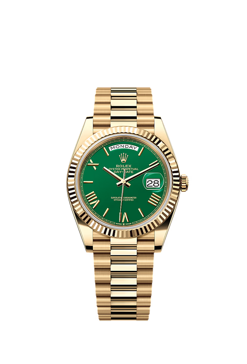 ROLEX DAY-DATE YELLOW GOLD GREEN ROMAN NUMERAL DIAL FLUTED BEZEL