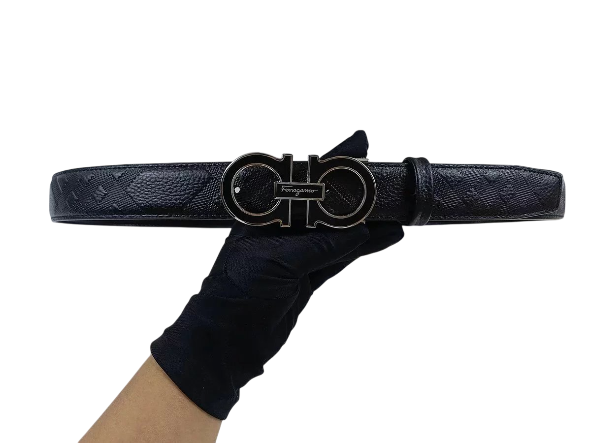 FERRAGAMMO BLACK STRIPE PATTERN BELT