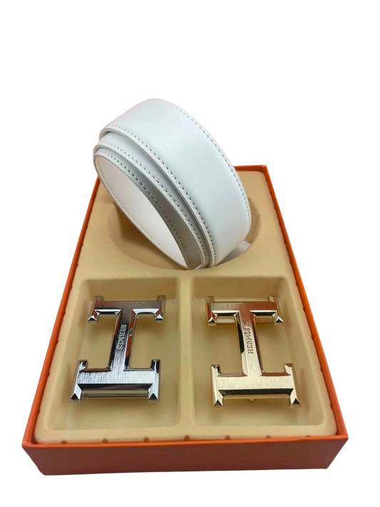 HERMES WHITE BELT WITH SILVER AND GOLD BUCKLE