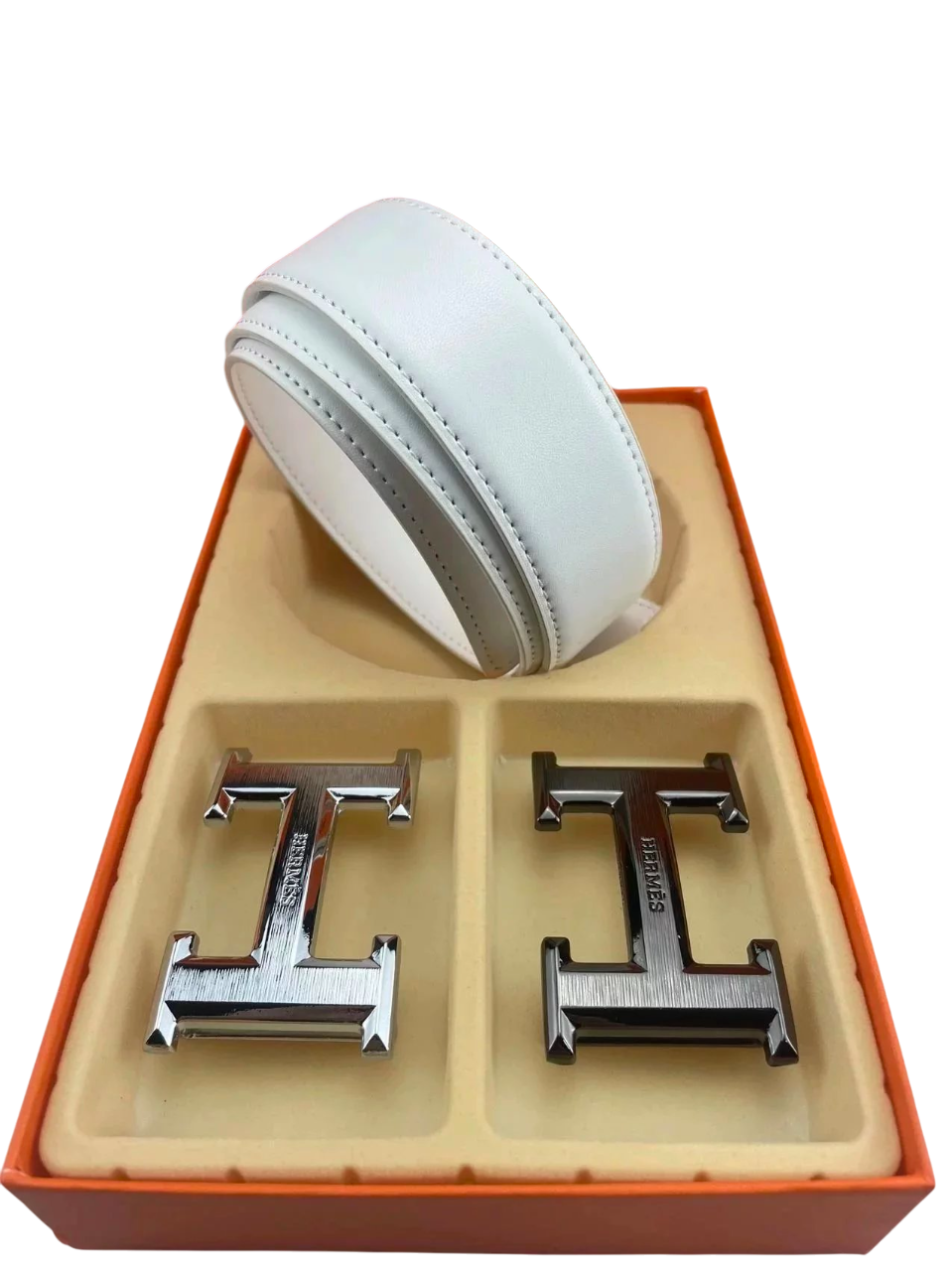 HERMES WHITE BELT WITH SILVER AND BLACK BUCKLE