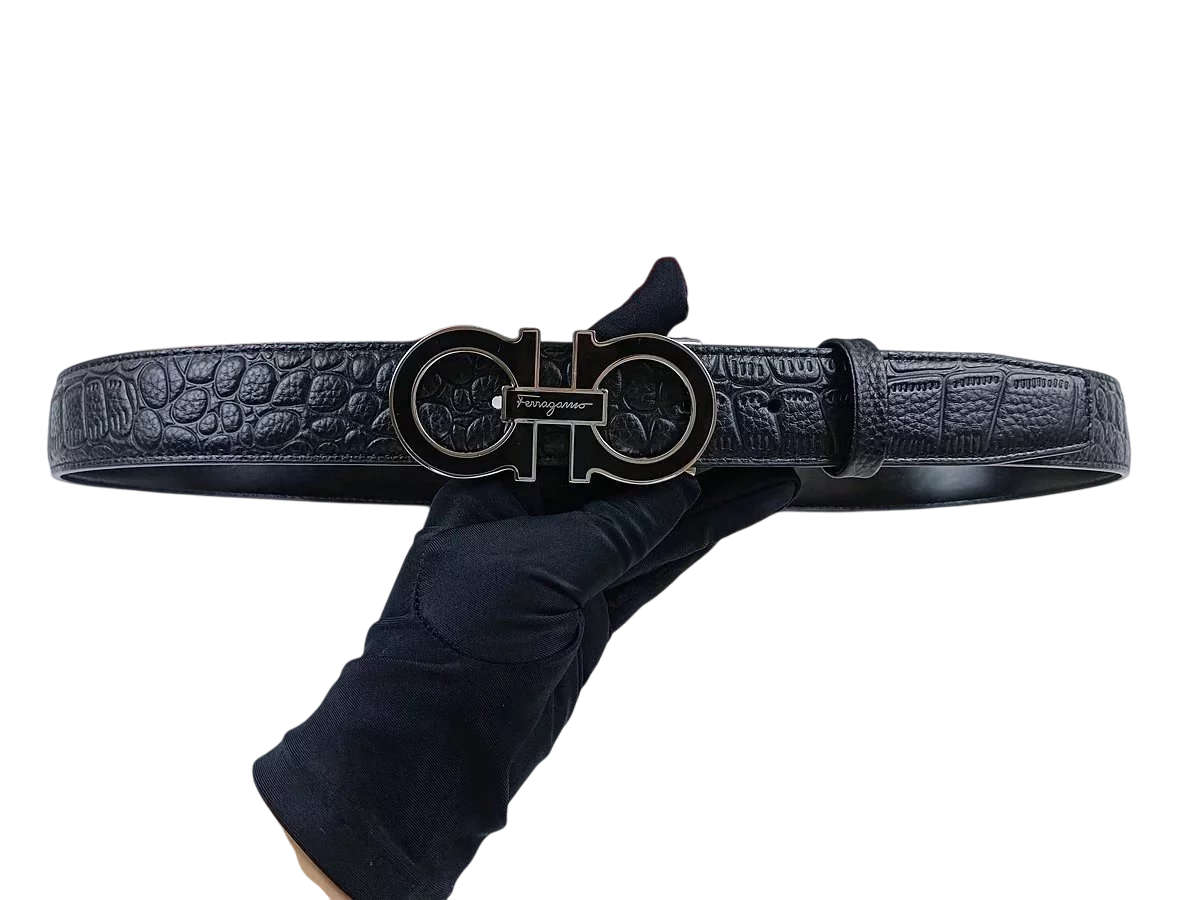 FERRAGAMMO BLACK TEXTURED BELT