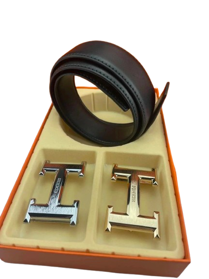 HERMES BLACK BELT WITH SILVER AND GOLD BUCKLE
