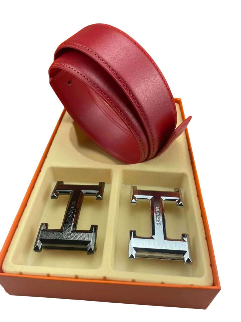 HERMES RED BELT WITH BLACK AND SILVER BUCKLE