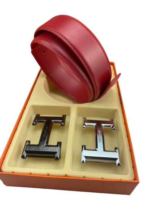 HERMES RED BELT WITH BLACK AND SILVER BUCKLE