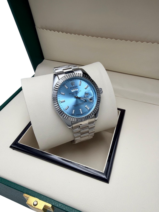 ROLEX VIVID SKY BLUE LINEN DIAL SILVER PRESIDENT BRACELET