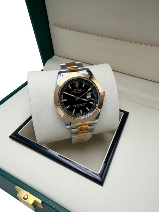 ROLEX BLACK LINEN DIAL THREE TONE OYSTER BRACELET