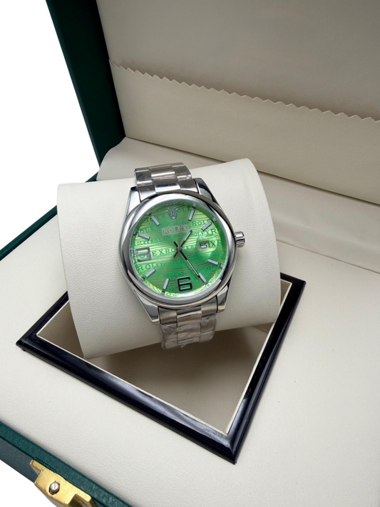 ROLEX NEON GREEN TEXTURED LINEN DIAL SILVER OYSTER BRACELET